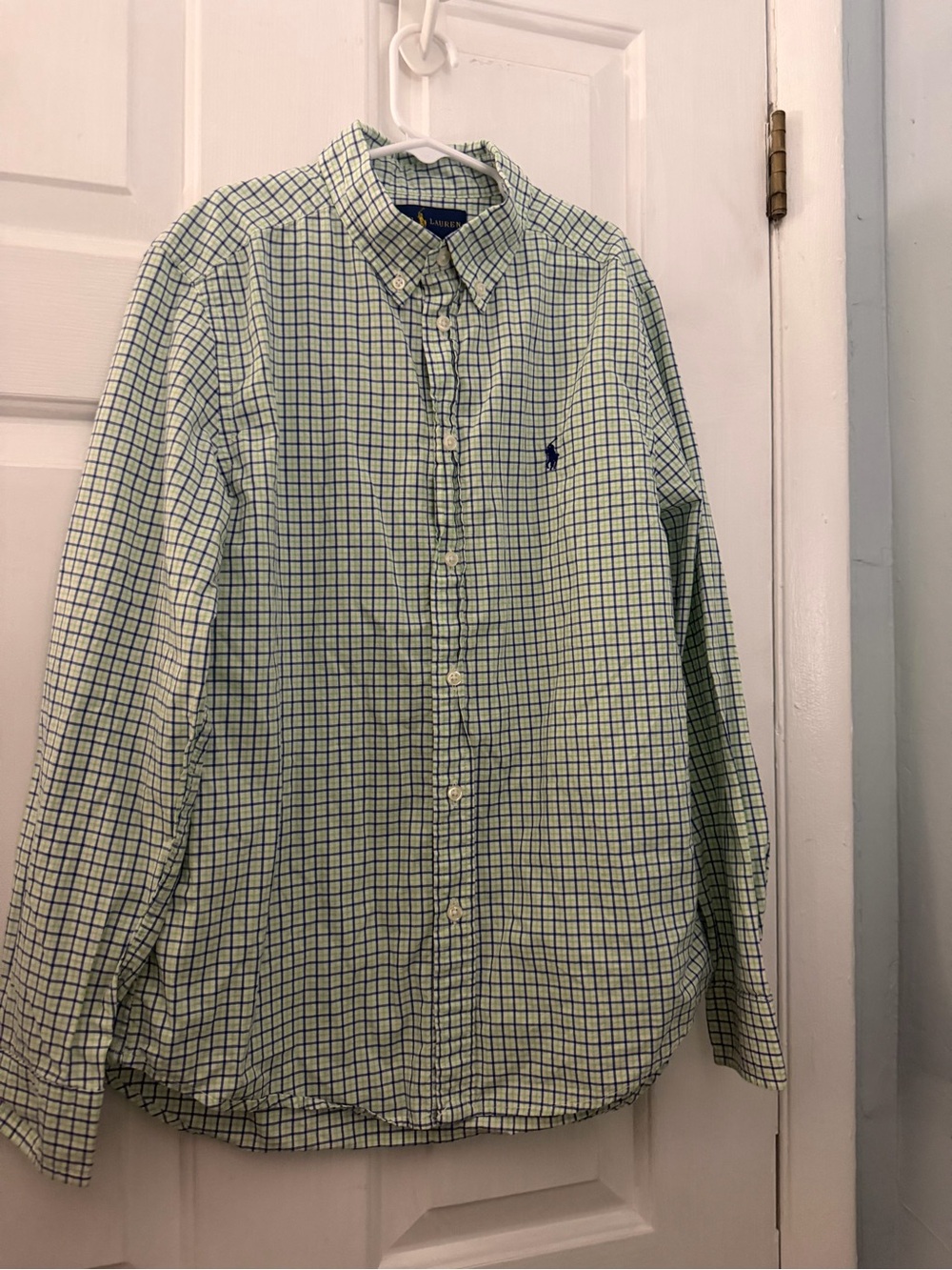 Ralph Lauren Boys Green Blue Plaid Cotton Button Down Shirt L 14-16